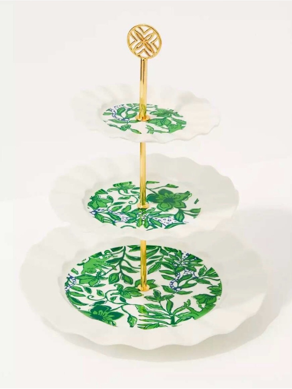 Lilly Pulitzer Green Floral 3-Tier Dessert Stand - Gold Handle